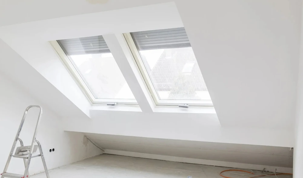 Intérieur mansardé en cours d'aménagement avec échelle aluminium