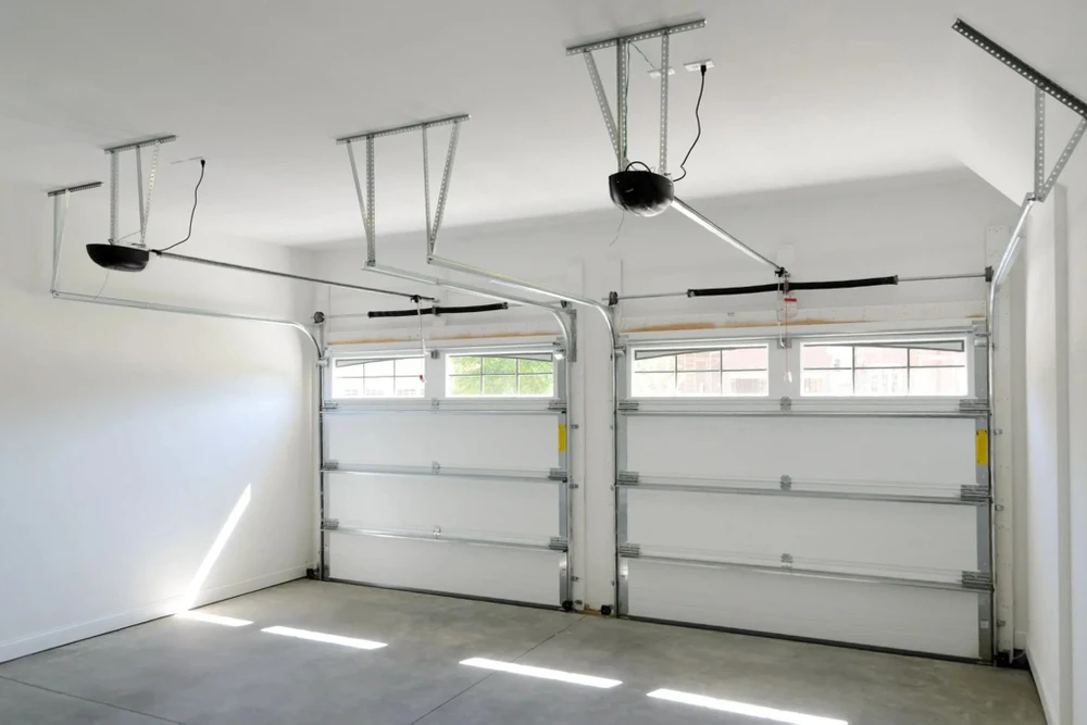 Garage résidentiel avec deux portes sectionnelles blanches fermées, équipées de rails de guidage et motorisation au plafond