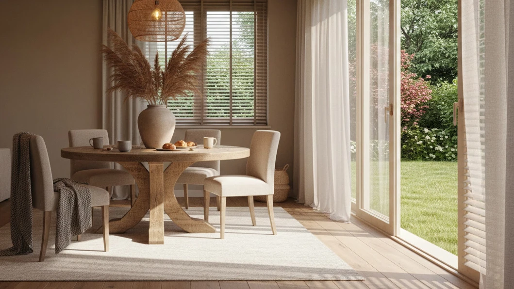 Cuisine moderne avec îlot central en bois massif, panier tressé contenant des pommes vertes sur napperon en rotin